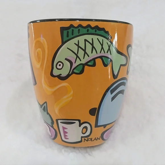 "House Kats" Collectible Coffee Mug. Whimsical design:cat,sunrise scene,fish,egg - Picture 3 of 9